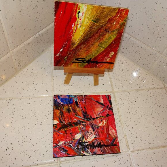 Two Hand Painted Abstract Art Painting w/ Mini Easel 4" by 4" - Picture 11 of 11